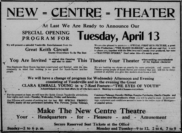 Centre Theater - Apr 10 1920 Ad